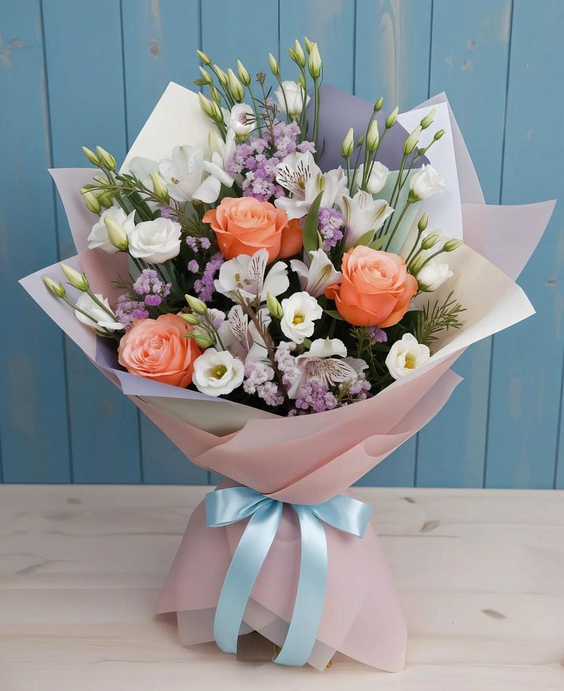 Букет цветов из: Лизиантусы, Розы, Альстромерии и Гипсофила в Советском Республики Крым